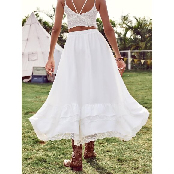 Large White Boho Lace Ruffle Skirt - Asymmetrical Cowgirl Style for Festivals - Picture 2 of 7